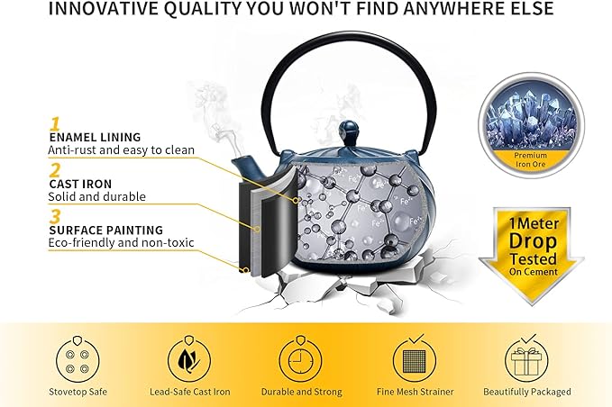 TOPTIER Japanese Cast Iron Tea Kettle with Infuser for Loose Leaf and Tea Bags, Stovetop Safe Teakettle with Enameled Interior, 40 oz (1200 ml), Navy Blue