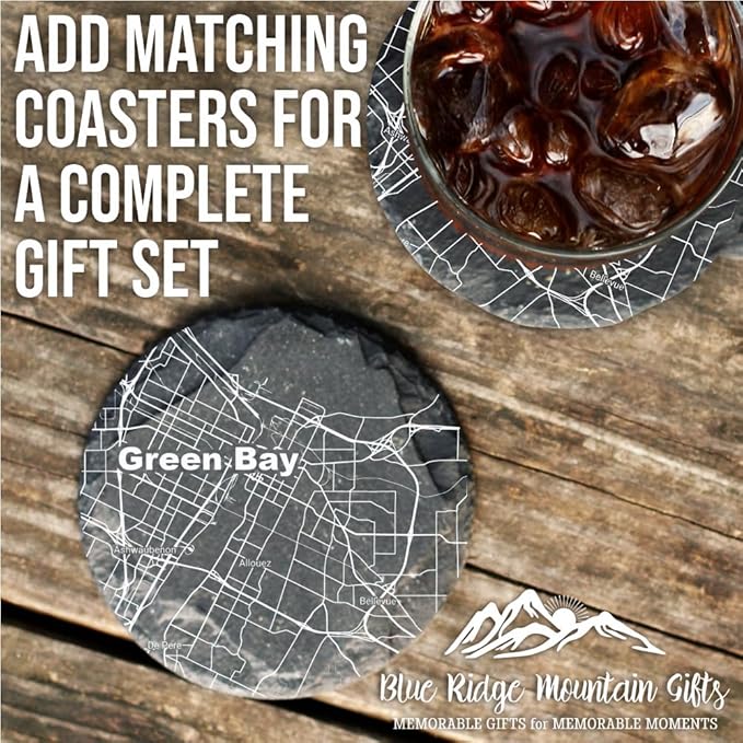 Blue Ridge Mountain Gifts - Greenbay Souvenir - Wisconsin Glassware Gift, Etched City Map, Laser Engraved and Dishwasher Safe
