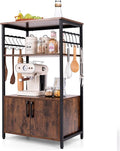 GOFLAME Kitchen Baker's Rack with Cabinet, 3-Tier Pantry Cabinet with 2 Open Shelves, 10 S-Shaped Hooks, Industrial Microwave Oven Stand with Metal Frame, Bookshelf Rack for Living Room, Brown