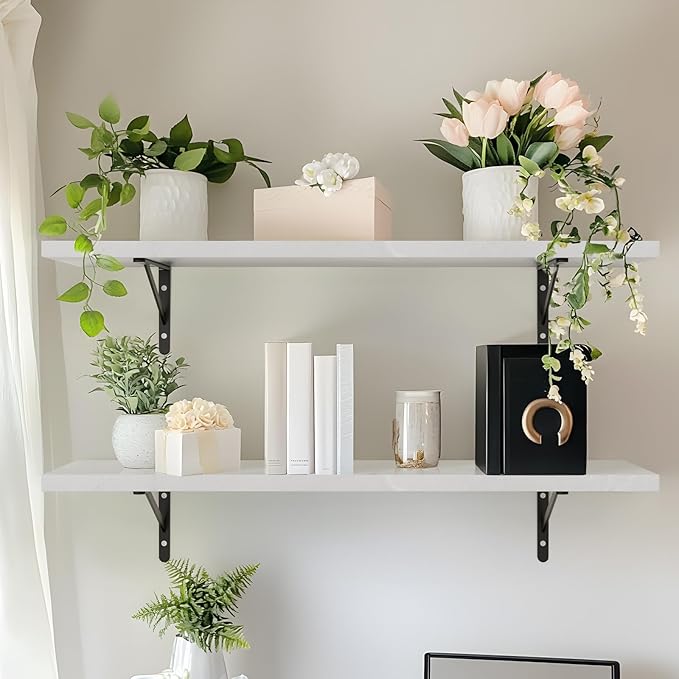 Kaboon 27 inch Long 10 inch Deep Floating Shelves for Wall Set of 2, Large Open Shelves Wall Mounted, Space Saving Home and Commercial Use, White Rock