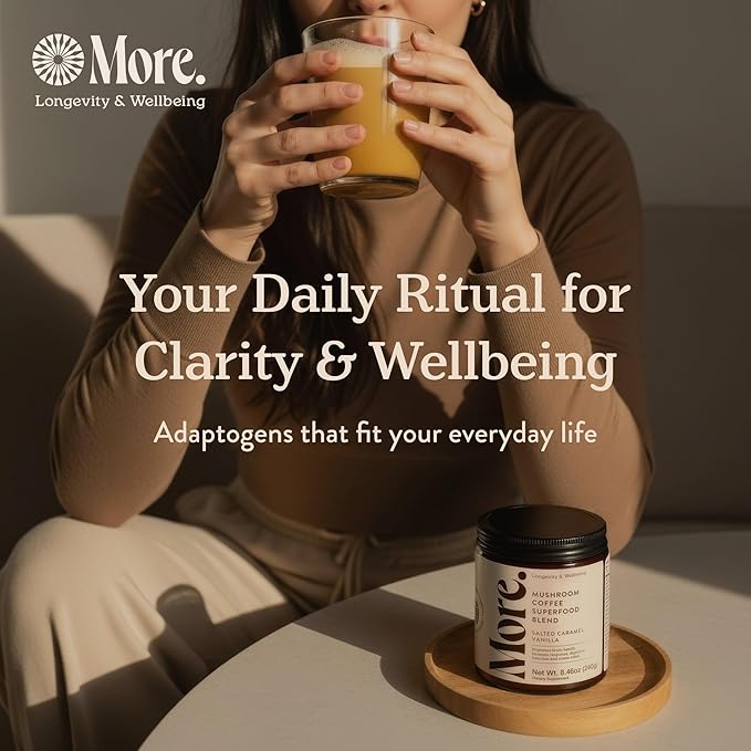 More. Longevity & Wellbeing Premium Mushroom Coffee Superfood – 7 Functional Mushrooms with Lions Mane Supplement, Reishi, Chaga & Ashwagandha Extract, Instant Coffee Alternative with Prebiotics and Essential Vitamins for Focus & Energy, Salted Caramel