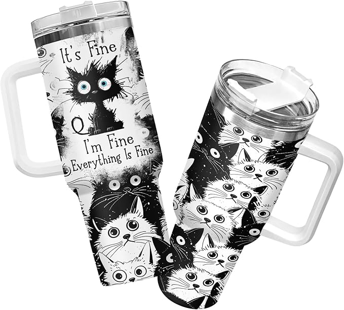 34HD Funny Black Cat Tumbler with Handle and Straw, 40oz Stainless Steel Vacuum Insulated Everything Is Fine Cup, Cat Lover Gifts for Women Birthday Mothers Day Halloween Christmas