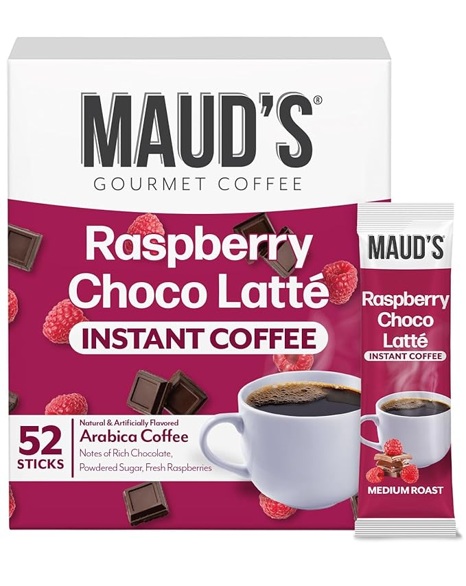 Maud's Raspberry Chocolate Flavored Instant Coffee, 52 ct, 100% Arabica Coffee, Medium Roast, Instant Hot or Iced Coffee - Just add water
