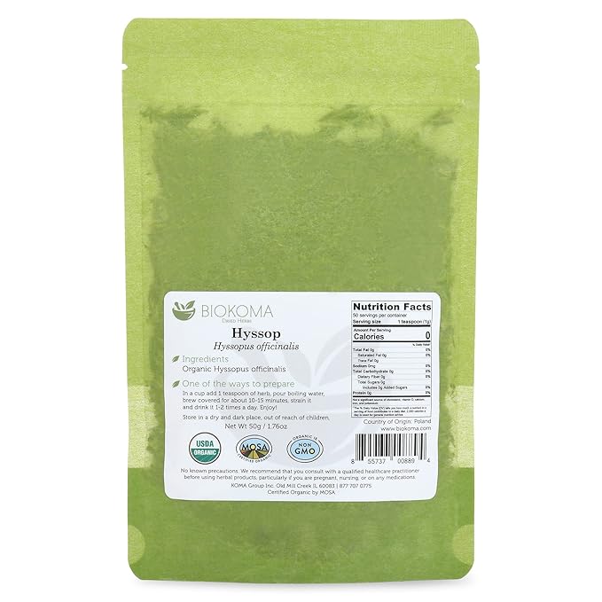 Biokoma Pure and Organic Hyssop Dried Herb 50g (1.76oz) in Resealable Moisture Proof Pouch, USDA Certified Organic - Herbal Tea, No Additives, No Preservatives, No GMO, Kosher