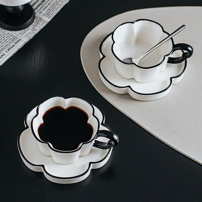 Ceramic Coffee Mug with Saucer Set, Creative Cute Cup with Flower Coaster for Office and Home, 8.4 oz/240 ml for Tea Latte Milk-White