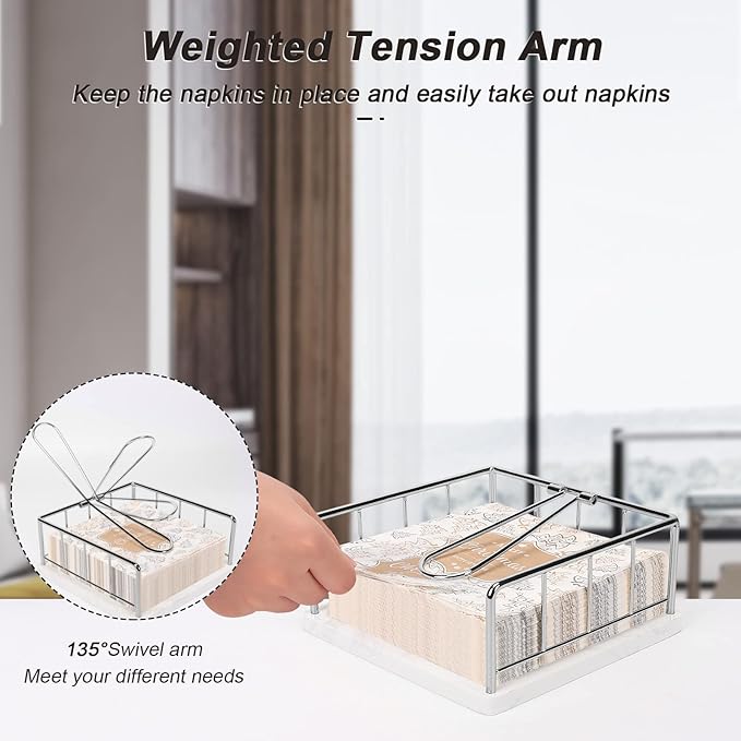 Livabber Flat Napkin Holder, Metal Kitchen Napkin Storage with Weighted Tension Arm Rustic Tissue Paper Dispenser for Countertop, Table Kitchen, Dining Room (With Marble Base, Chrome)