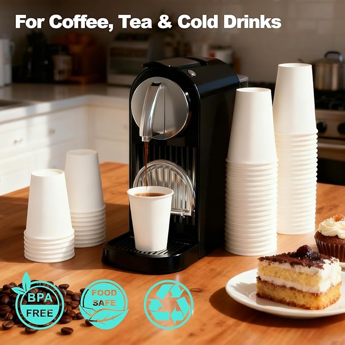 16 oz 100 Pack Disposable Coffee Cups, Bulk White Disposable Paper Cups, Coffee Cups for Hot Tea, Chocolate and Cold Drinks