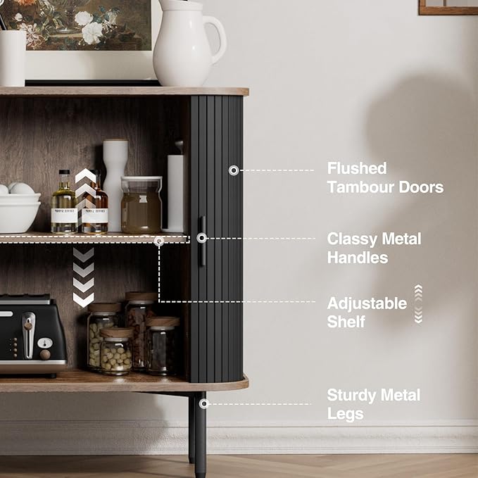 31''W Black Buffet Sideboard Cabinet with Storage, Fluted Accent Storage Cabinet Black with Curvy Edge; Sliding Door Coffee Bar, Credenza Console Table for Living, Kitchen, Hallway