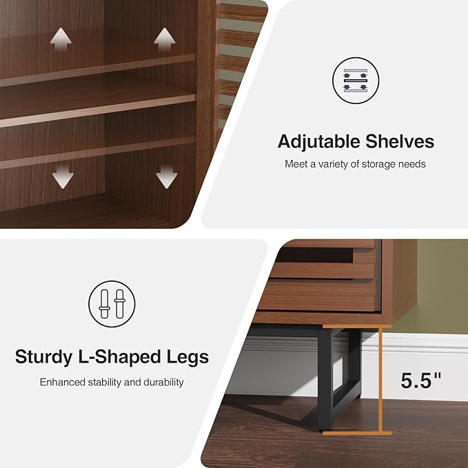 Vabches Mid Century Modern Sideboard Buffet Cabinet with LED Lights, Unique Slatted & Tempered Glass Doors, 58.3" Credenza Storage Cabinet for Kitchen, Dining, Living Room, Entryway, Walnut