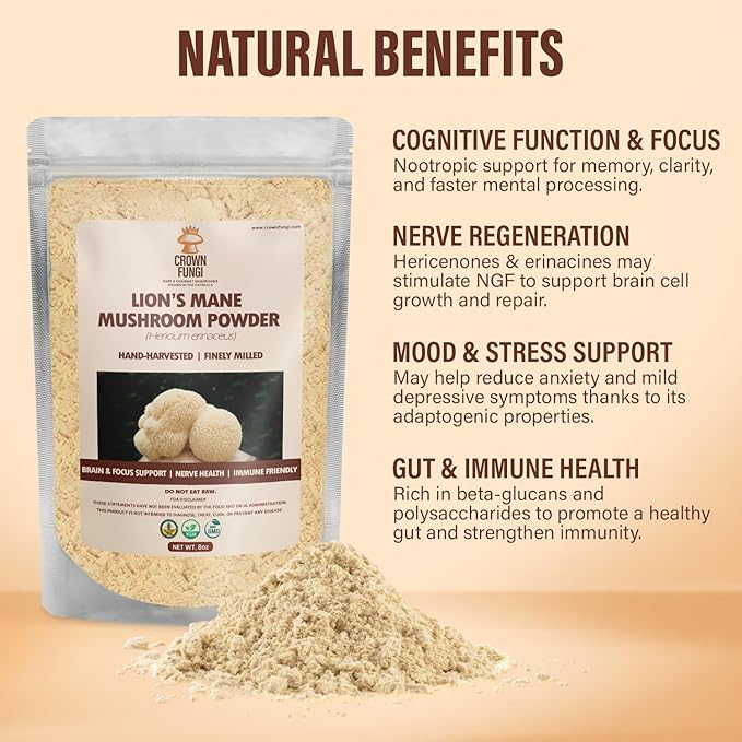Lions Mane Mushroom Powder, 8oz Pack of Lion's Mane Powder, Organic Powder for Brain, Focus and Memory, High Potency Formula to Support Immunity, for Mental Clarity, Energy and Mood