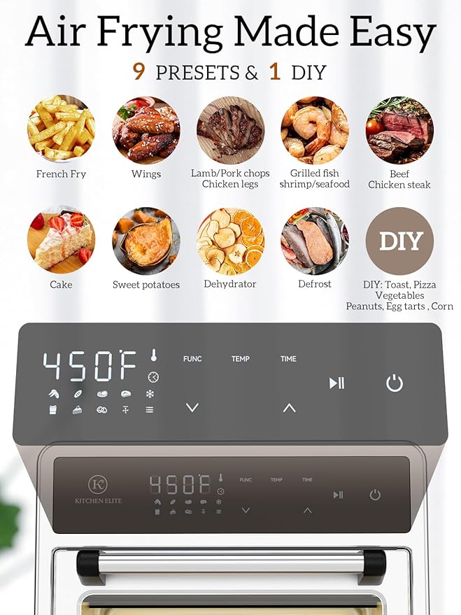 Kitchen Elite Air Fryer Toaster Oven Combo,10-in-1 12.6QT Compact Countertop Oven,9 Touch Screen Presets & 1 DIY Function,Easy Digital Controls,4 Accessories Included