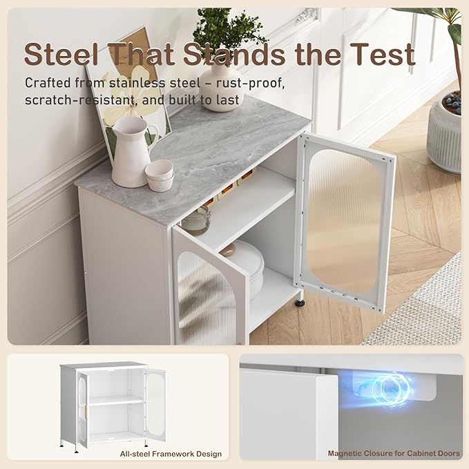 ZZL Sideboard Buffet Cabinet,Outdoor Storage Cabinet, 2 Doors, Metal,Adjustable Shelf,Sintered Stone Top(Scratch,Heat Resistant,Corrosion-Resistance) for Kitchen,Coffee Bar,Entryway(L 32.28''White)
