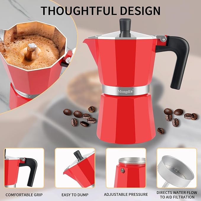 Mongdio Stovetop Espresso Maker Moka Pot, Stove Top Cuban Coffee Maker, Italian Greca Mocha Pot, 6 Espresso Cups, 10 oz - Red