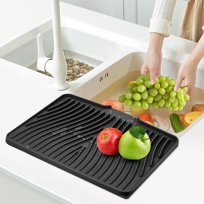 Silicone Dish Drying Mat, Stone Drying Mat for Kitchen Counter with Built-In Drain, Non-Slip Drain Pad with Built-in Drain, Heat Resistant Stone Drying Mat, 1Pcs Black(19.7" x 17")