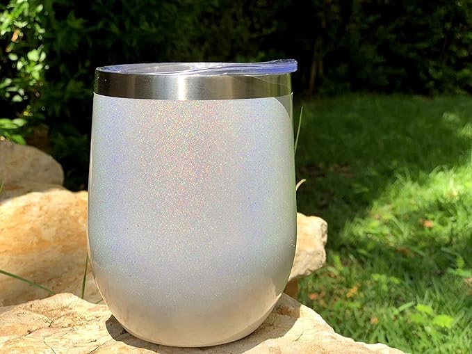 CHILLOUT LIFE 12 oz Stainless Steel Wine Tumblers 4 Pack - Double Wall Vacuum Insulated Wine Glasses Cups with Lids and Straws Set Keeping Cold & Hot for Coffee, Beer, Ice Cream - Holographic Glitter