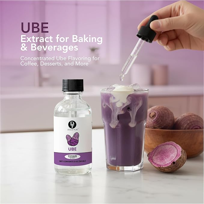 Dolce Flav Clear Ube Extract - 2 Ounce Water-Soluble Multipurpose Purple Yam Flavoring Ideal for Ice Cream, Cookies, Boba, Coffee & Pastries, Includes Measured Dropper