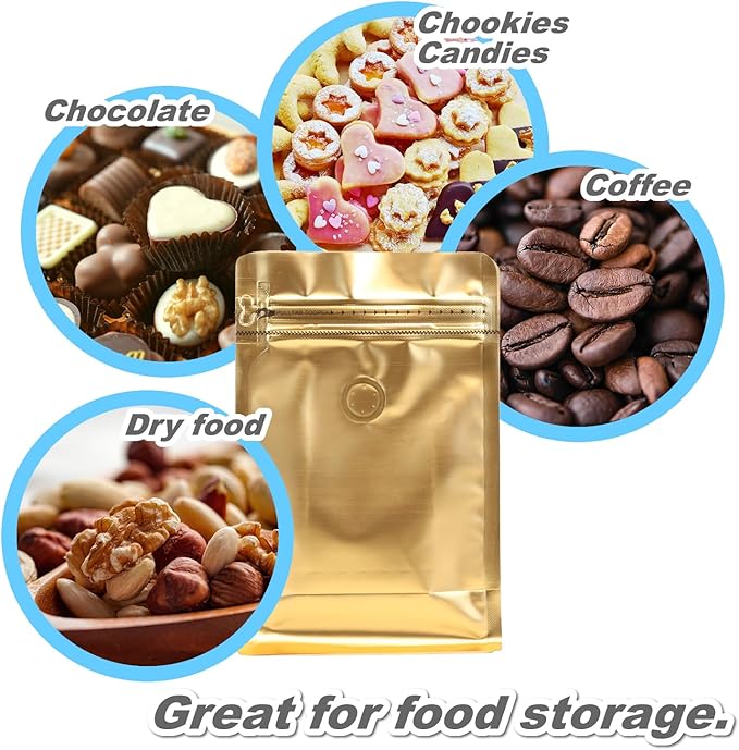 110 Pack High Barrier Stand-Up Coffee Bean Bags with Vented Valve, Matte Metallic, Heat-Sealable and Resealable Solid Color Pouches for Food Storage (5.3 * 10.4 inch,1 lb,16 oz,Golden)