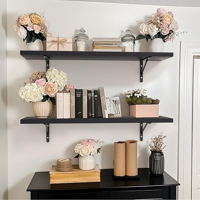 Kaboon 27 inch Long 10 inch Deep Floating Shelves for Wall Set of 2, Large Open Shelves Wall Mounted, Space Saving Home and Commercial Use, Black