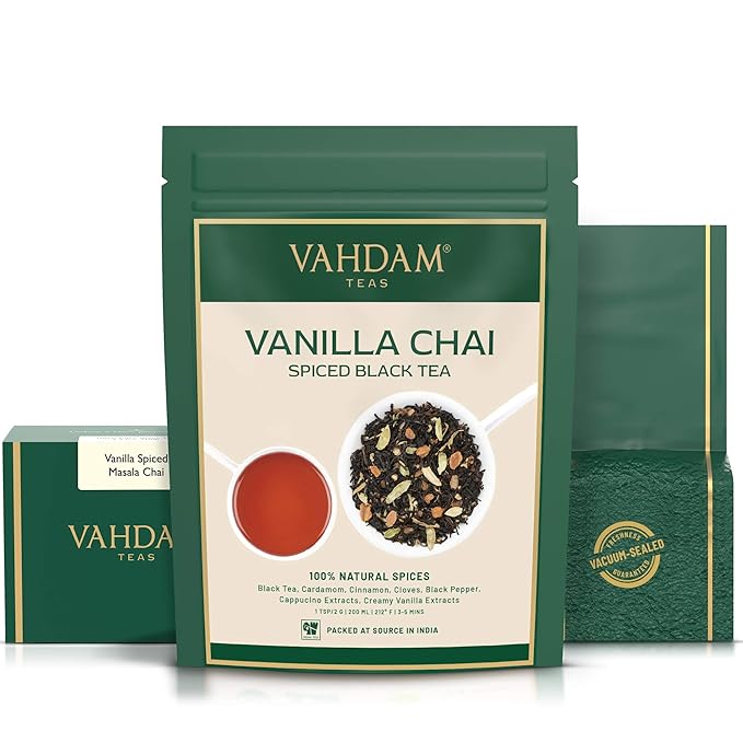 VAHDAM Vanilla Spiced Masala Chai | 3.53oz (50 Cups) Gluten Free Delicious Blend Of Vanilla & Masala Chai | Spiced Chai Tea Loose Leaf | Brew As Hot, Cold Or Iced Tea | Vacuum Sealed Pack