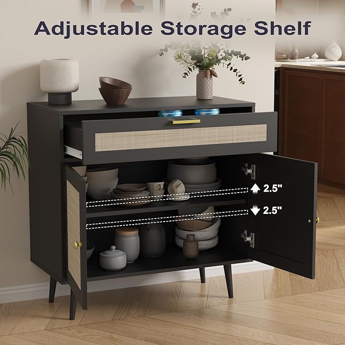Rattan Sideboard Buffet, Boho Kitchen Cabinet with Drawer & 2 Doors, Modern Mid Century Accent Cabinet with Adjustable Shelf, Coffee Bar for Living Room, Entryway, Kitchen, Black