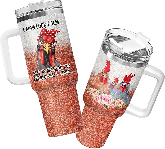 34HD Funny Chickens Tumbler with Lid & Straw, 40oz Vacuum Insulated Mama Hen Mug, Gifts for Chicken Lady Women Farmer, Chicken Lover Gifts for Birthday Christmas Mothers Day