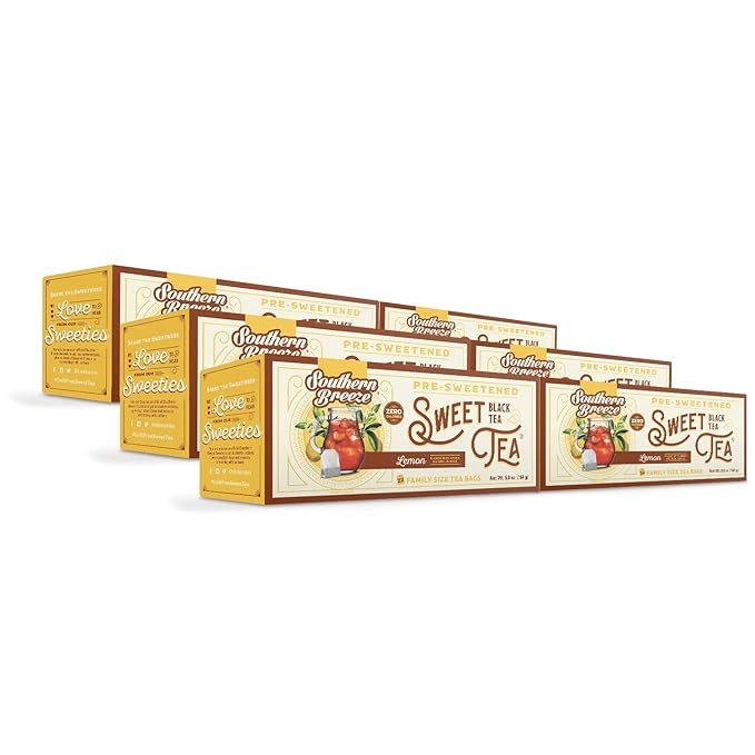 Southern Breeze Hot Brew Sweet Tea Lemon Iced Tea with Black Tea and Zero Carbs Zero Sugar, 22 Family Size Tea Bags, Pack of 6