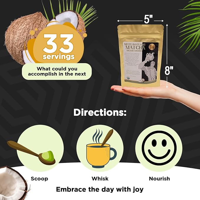 Premium Organic Coconut Matcha Tea - Harvested and Stone-Gound in Japan - Perfect for Lattes, Smoothies & Baking – Moteavateang Coconut Matcha Powder from Amor Fa Tea – 3.5 oz (100g)