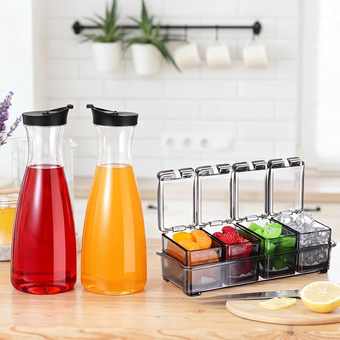 Honeydak 5 Pcs Mimosa Bar Supplies Include 4 Pcs 50 oz Plastic Carafe with Lids Clear Round Juice Pitcher Containers 1 Seasoning Box with Lid and Spoon for Christmas Party Serving Storage (Black)