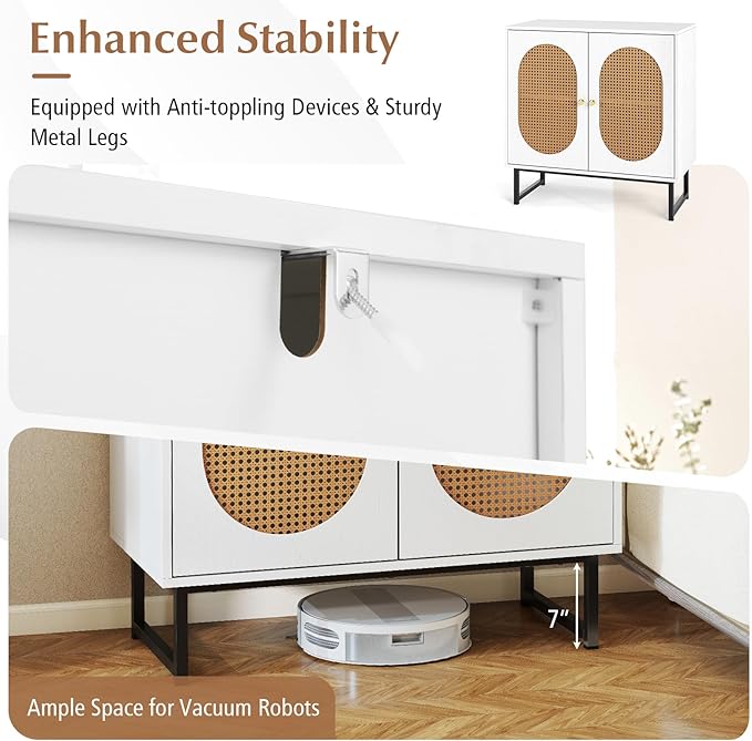 Giantex Rattan Sideboard Buffet Cabinet with Storage, Boho Sideboard with Doors & Adjustable Shelf, Small Accent Buffet Storage Cabinet with Metal Legs for Kitchen, Living Room, Entryway, White