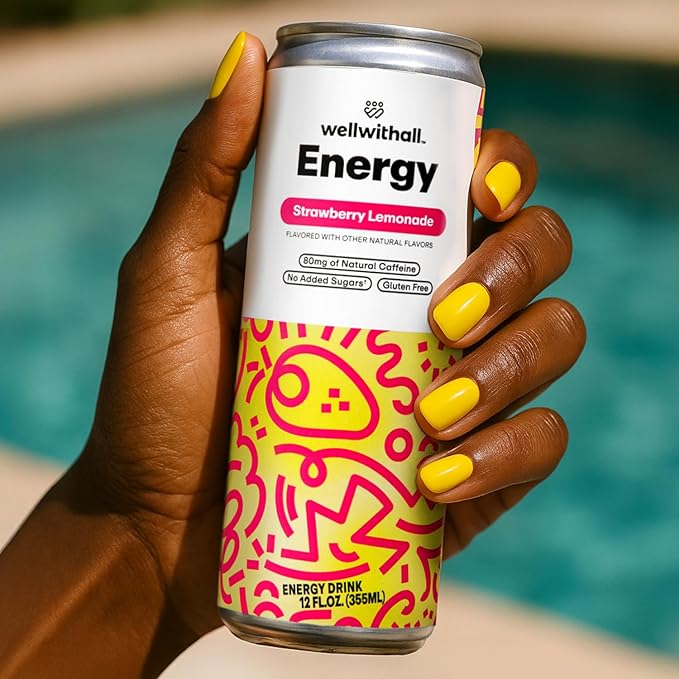 WellWithAll Strawberry Lemonade Energy Drink – Caffeine from Tea – With Vitamin C – Lightly Sparkling Beverage – Fruit & Veggie Juice Blend – 12 Oz (Pack of 12)