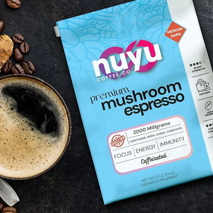 Nuyu Premium Mushroom Coffee, 12 oz, Fine Espresso Ground 100% Arabica, 2000mg Functional Mushrooms, Lion's Mane, Reishi, Chaga, Cordyceps for Cognition, Energy and Wellness (12oz, Espresso Roast)