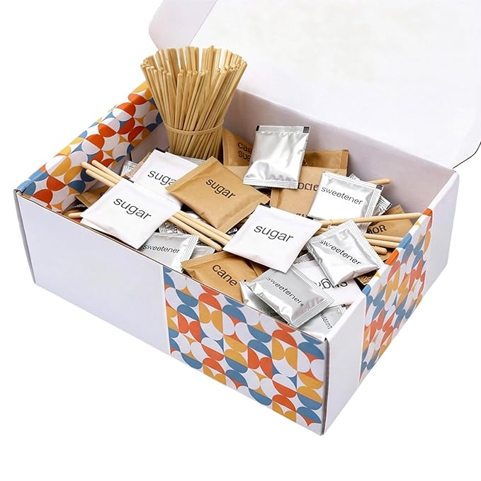 Sugar and Sweetener Packets Assortment with Wooden Coffee Stirrers Multiple Sizes and Varieties for Home Office Coffee Bar or Gift 450 Count
