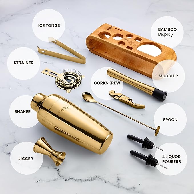 Mixology & Craft Cocktail Shaker Set: 10-Piece Bartender Kit with Stand | Complete at Home Bar Set with Bar Accessories | Great Housewarming Gift | Leak-Proof Design (Gold)