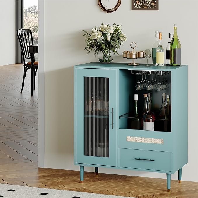Garvee Wine Bar Cabinet with Tempered Glass Door & Rack, 30.7" Freestanding Modern Buffet Sideboard for Dining Room, Kitchen Coffee Bar & Liquor Storage Cabinet with Drawers and Glass Holder