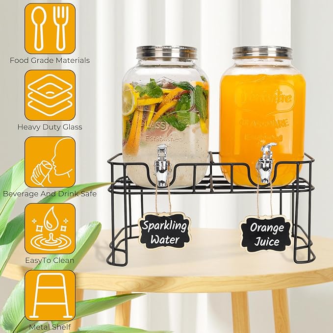 Glass Drink Dispensers For Parties, 2 PACK 1 Gallon Beverage Dispenser With Stand And Spigot Leak proof. Lemonade Dispenser With Ice Cylinder and Chalk board