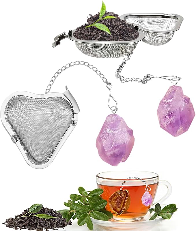 2PCS Loose tea infuser，Stainless Steel Tea Strainers for Loose Tea，tea leaves infuser，Fine mesh tea ball + crystal pendant，Suitable for brewing all loose leaf teas (2, Amethyst)