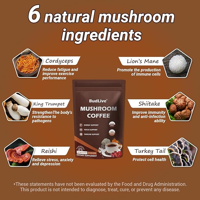 Mushroom Coffee with Lion's Mane, Reishi & Cordyceps – 6 Mushroom Adaptogen Blend for Focus, Energy, Digestion & Immune Support, Low Acid Instant Coffee Powder, 30 Servings