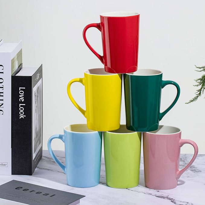 Multi-Coloured Ceramic Mugs Set of 6-13.5oz / 400ml -Coffee Mugs-Cappuccino-Tea Cups- Hot Chocolate Cups (Red, Blue, Yellow, Green, Pink, Blackish Green, Large)