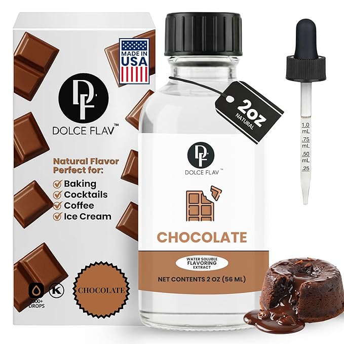 Dolce Flav Natural Chocolate Extract – 2 Ounce Water-Soluble Kosher, Sugar-Free, Concentrated Chocolate Flavor for Baking, Coffee, Ice Cream, Smoothies & Desserts, Includes Measured Dropper