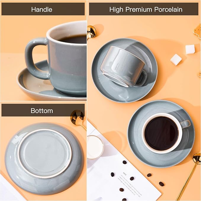 7oz Coffee Cups with Saucers and Gold Spoons - Set of 4 Cappuccino Cup, Grey Porcelain Cups Serving for Tea, Latte, Mocha