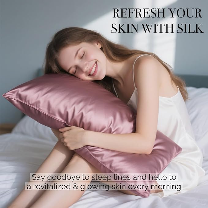Silk Pillowcase for Hair and Skin with Hidden Zipper, Ravmix Both Sides 21Momme Mulberry Silk Cooling Pillow Case Standard Size 20×26inches, 1PCS, Dark Pink