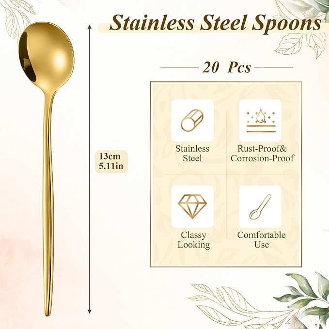 Dandat 20 Pcs 5.1" Gold Luxury Teaspoons Stainless Steel Gorgeous Tea Party Spoons Dessert Spoons for Stirring Coffee Sugar Drink Kitchen Cafe Bar Wedding Tableware, Classic Style