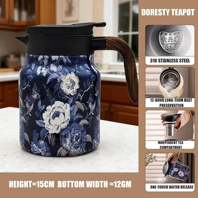 Vintage Floral Pattern Teapot, Doresty Tea Pot, Vintage Floral Pattern Tea-Built-In Infuser, Stainless Steel Thermal Carafe with Lid for Hot Drinks (Orange, Plastic handle)