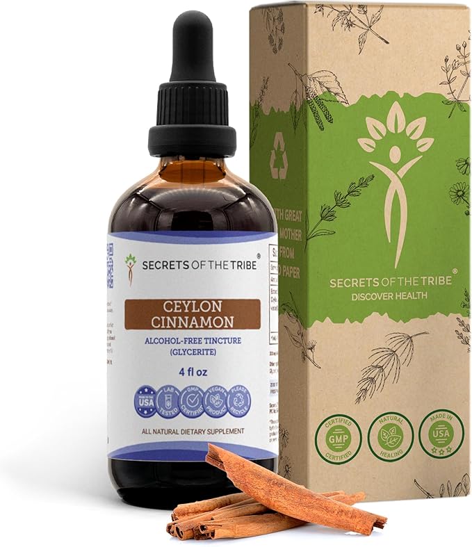 Secrets of the Tribe Ceylon Cinnamon Tincture Alcohol-Free Liquid Extract, Ceylon Cinnamon (Cinnamomum Verum) Dried Bark (4 FL OZ)
