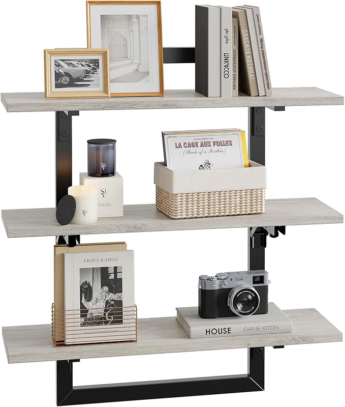 Bestier Floating Shelves for Wall, 24 inch Kitchen Shelves Wall Mounted, 3 Tier Coffee Bar Shelf with Foldable Brackets, Industrial Display Shelf for Bathroom, Living Room, Retro Grey