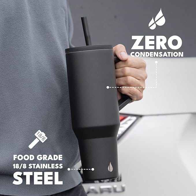 Elemental 40 oz Tumbler with Handle and Straw - Spill Proof Insulated Stainless Steel Commuter for Hot and Cold Beverages - Travel Coffee Mug with 2 Straws & Spill Proof Lid - 40oz - Black