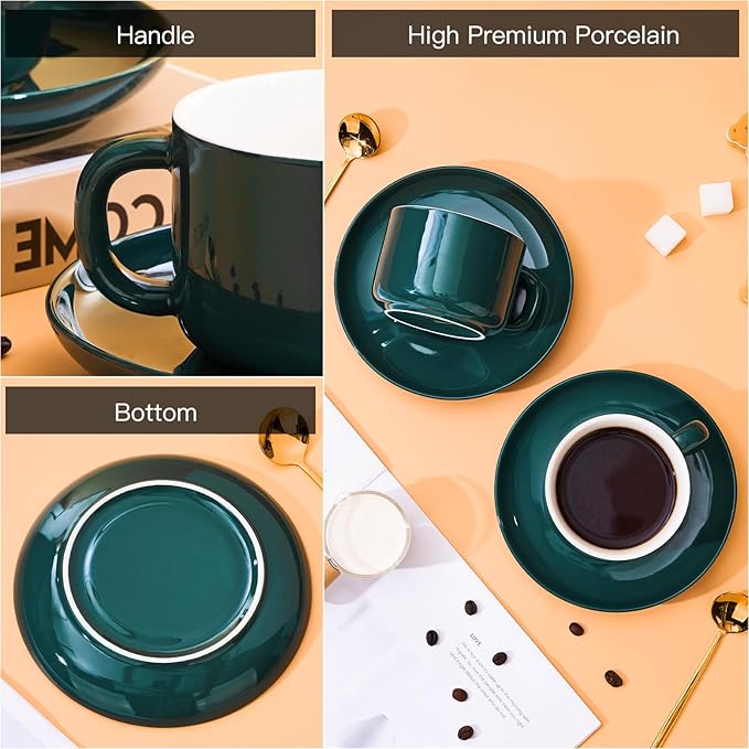 Coffee Cups and Saucers Set of 4 with Stainless Steel Spoons, 8oz Ceramic Cappuccino Cups Set, Green Durable Porcelain Cups for Tea, Latte, Mocha