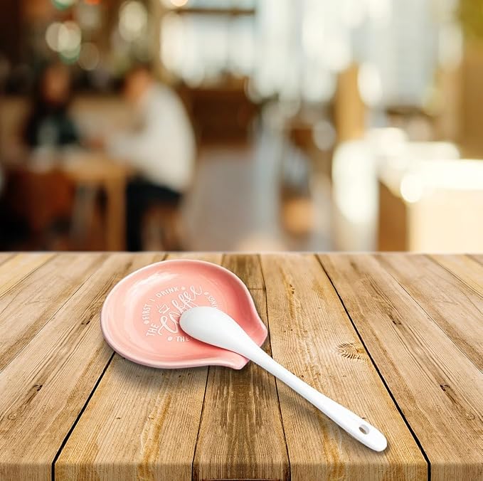 Funny Coffee Quote First I Drink The Coffee Then I Do The Things Ceramic Spoon Holder- Orange Pink Coffee Spoon Rest -Cafe Station Bar Accessories