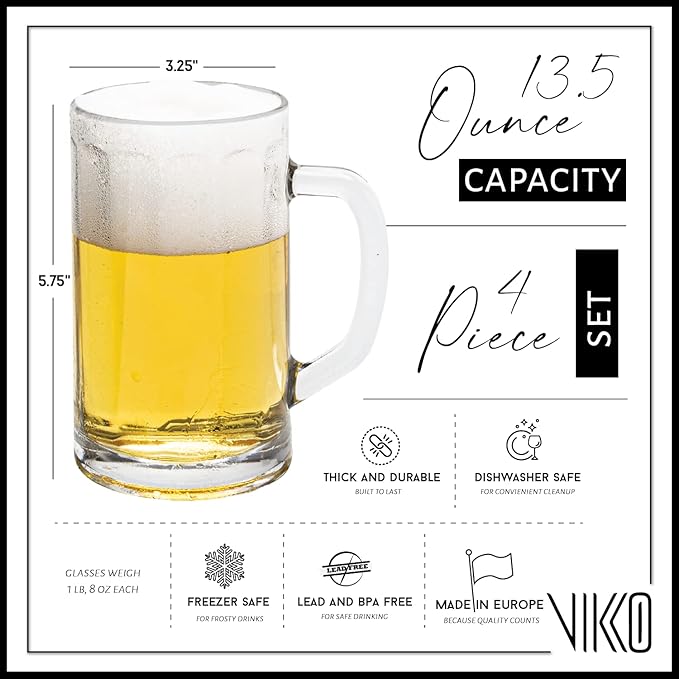 Vikko Beer Mug, Set of 4 Glass Beer Mugs, 13.5 Ounce, Dishwasher Safe Durable Drinking Glass for Craft Brews, Beer or Water