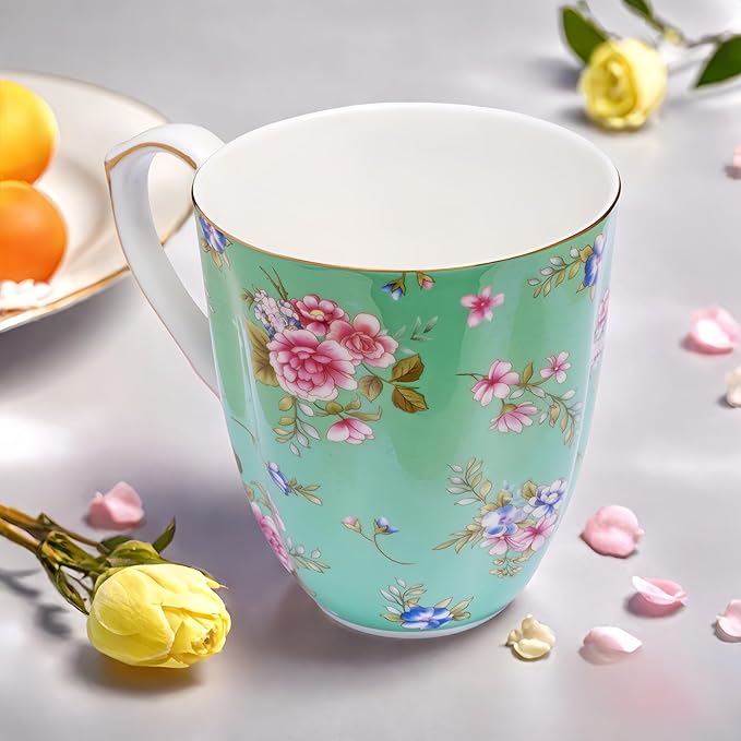 13oz Bone China Floral Mug with Gold Bone China Coffee Mugs Bone Teacup Christmas Mugs Birthday Gifts for Women Mom Friends Coworker